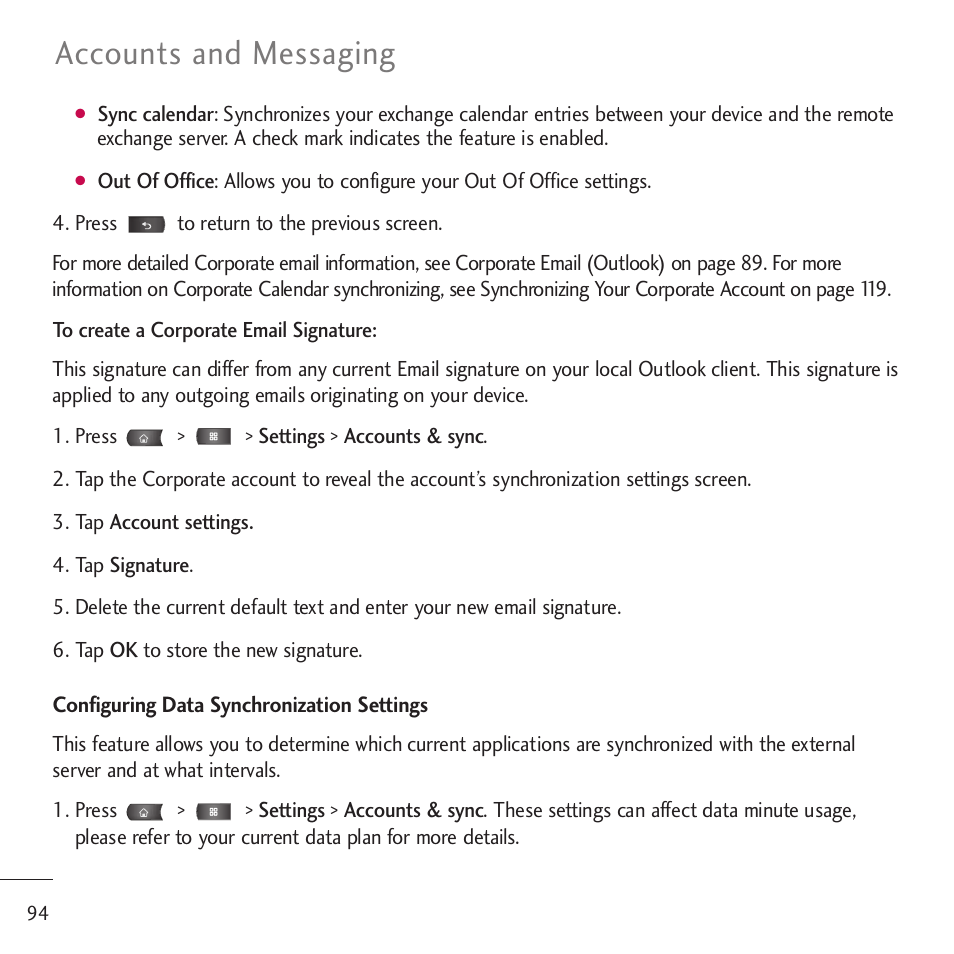 Accounts and messaging | LG LGVM701 User Manual | Page 96 / 221