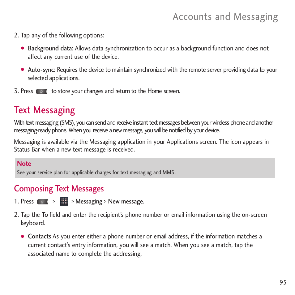 Text messaging, Accounts and messaging, Composing text messages | LG LGVM701 User Manual | Page 97 / 221