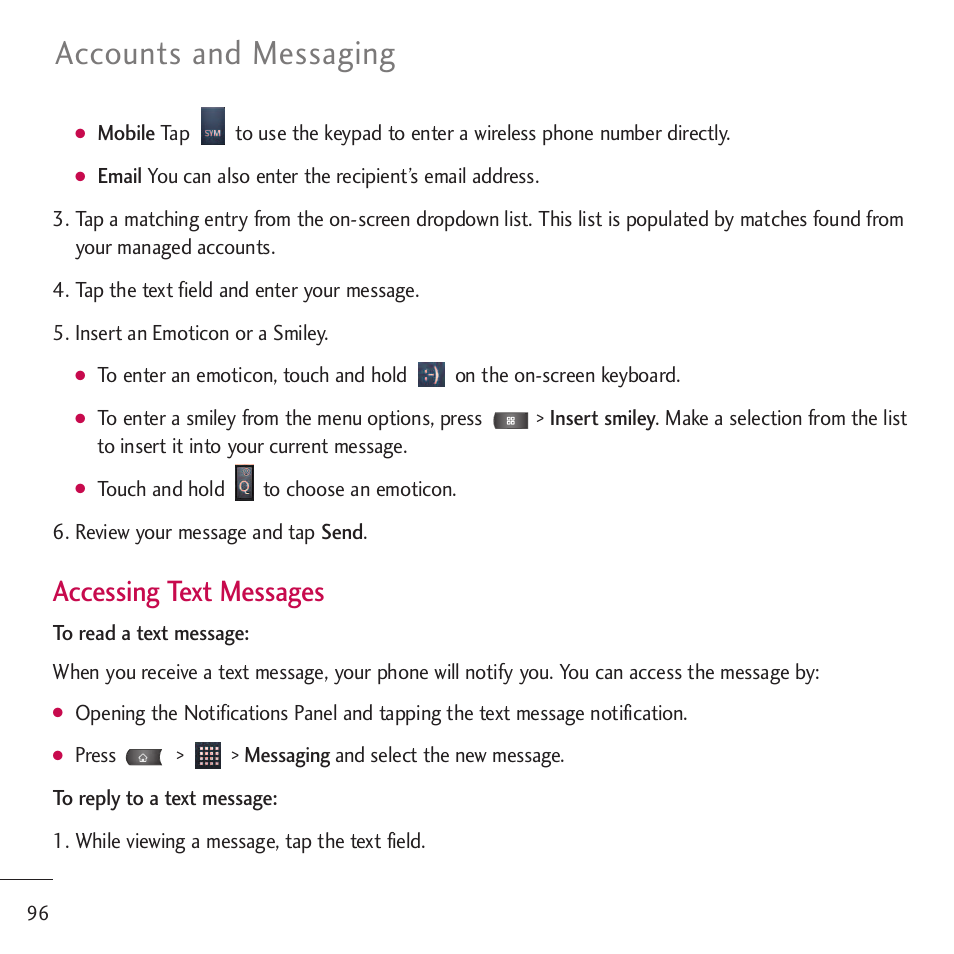 Accounts and messaging, Accessing text messages | LG LGVM701 User Manual | Page 98 / 221