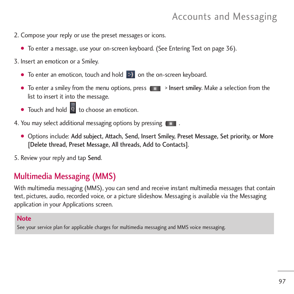 Accounts and messaging, Multimedia messaging (mms) | LG LGVM701 User Manual | Page 99 / 221