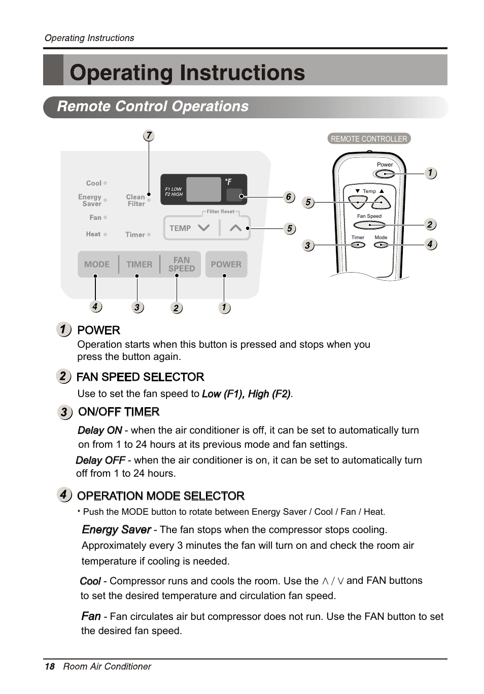 Operation mode selector, On/off timer, Fan speed selector | Power, Energy saver | LG LT1234HNR User Manual | Page 18 / 48