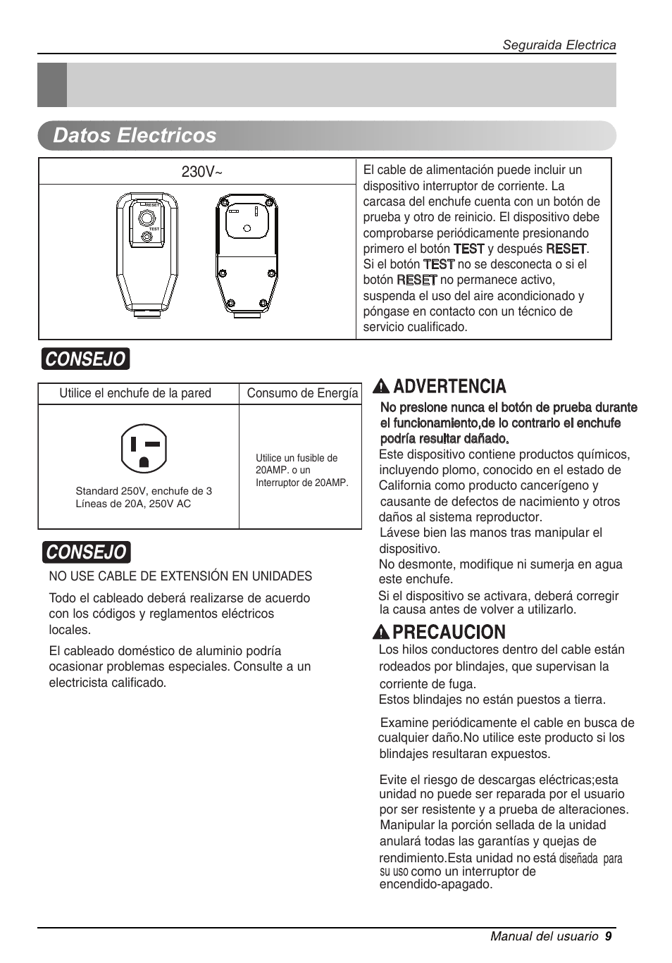 Seguraida electrica, Datos electricos, Consejo | 230v | LG LT1234HNR User Manual | Page 31 / 48