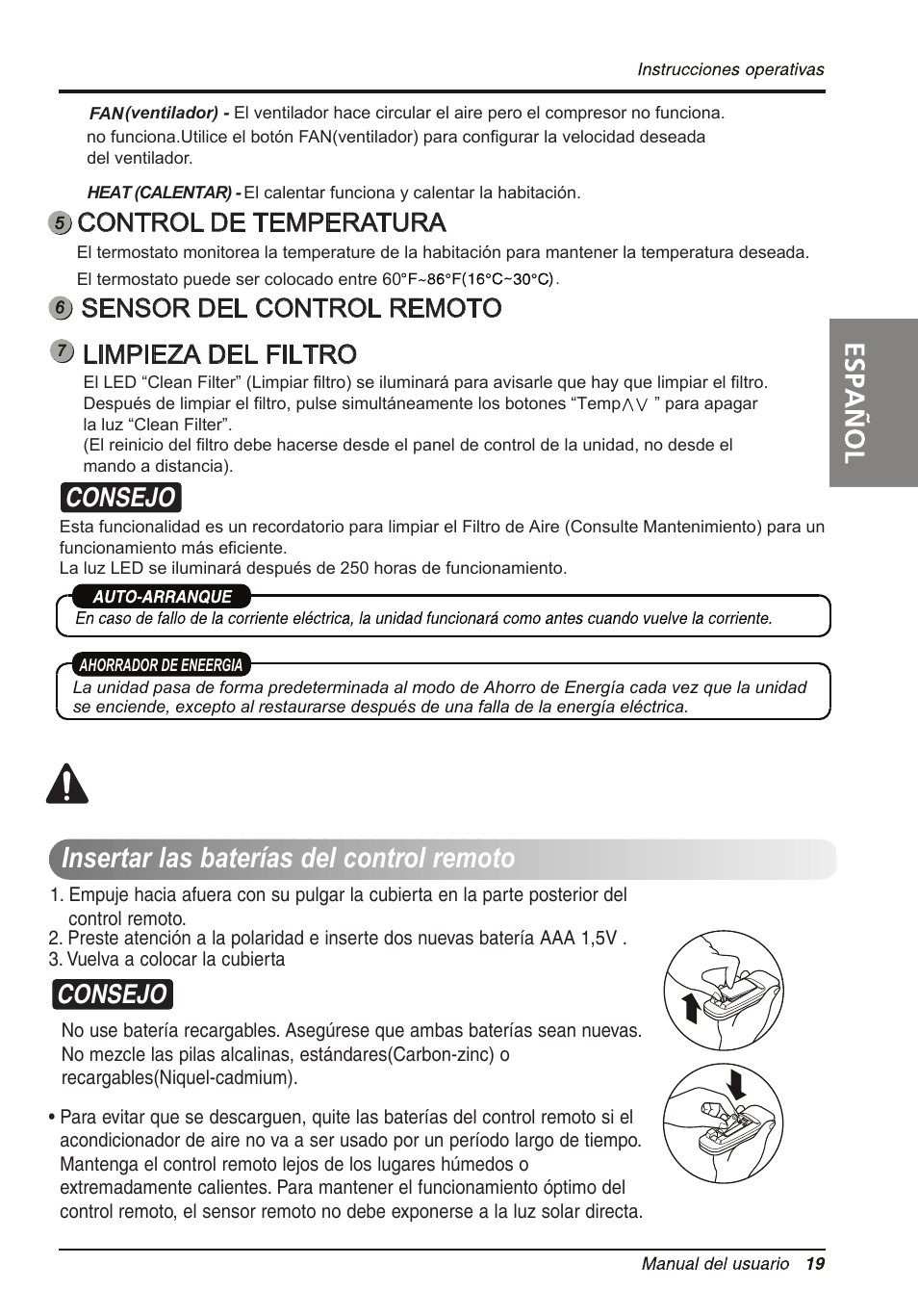 Insertar las baterías del control remoto, Consejo, Control de temperatura | Sensor del control remoto, Limpieza del filtro | LG LT1234HNR User Manual | Page 41 / 48