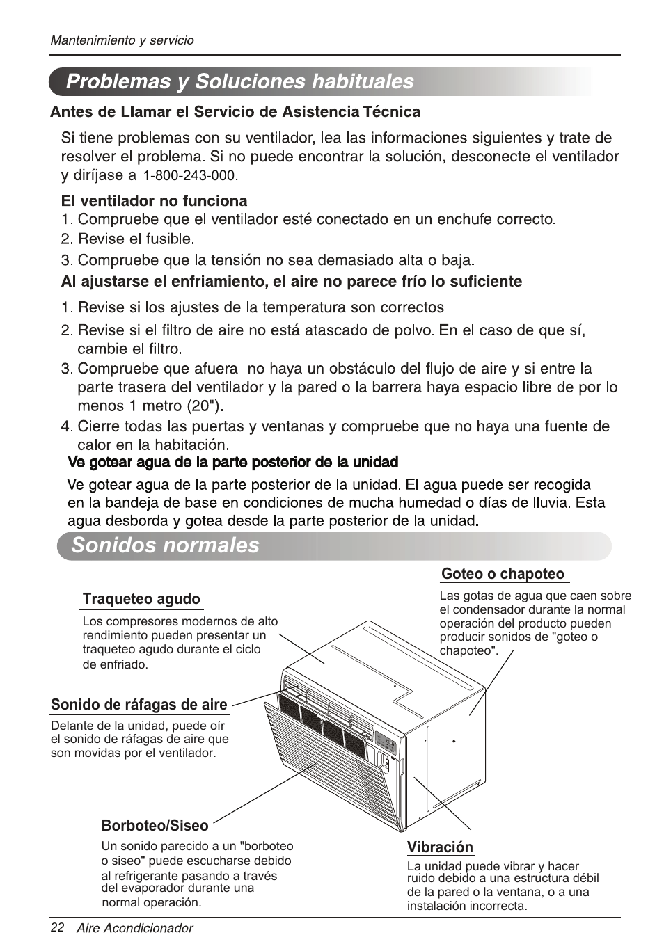 Sonidos normales, Goteo o chapoteo, Vibración | Traqueteo agudo, Sonido de ráfagas de aire, Borboteo/siseo | LG LT1234HNR User Manual | Page 44 / 48