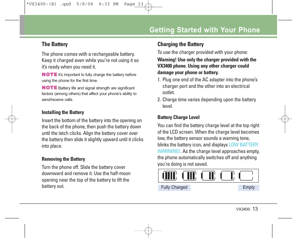 Getting started with your phone | LG VX3400 User Manual | Page 15 / 81