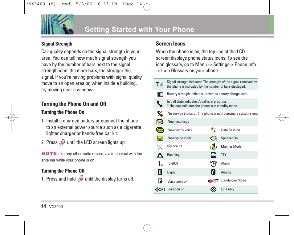 Getting started with your phone, Turning the phone on and off, Screen icons | LG VX3400 User Manual | Page 16 / 81