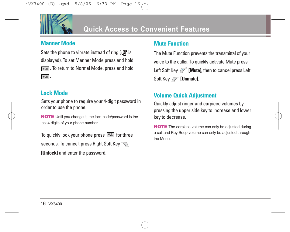 Quick access to convenient features, Manner mode, Lock mode | Mute function, Volume quick adjustment | LG VX3400 User Manual | Page 18 / 81