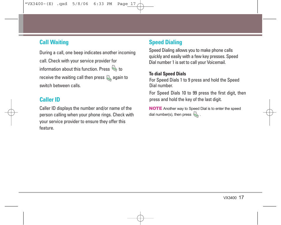 Call waiting, Caller id, Speed dialing | LG VX3400 User Manual | Page 19 / 81