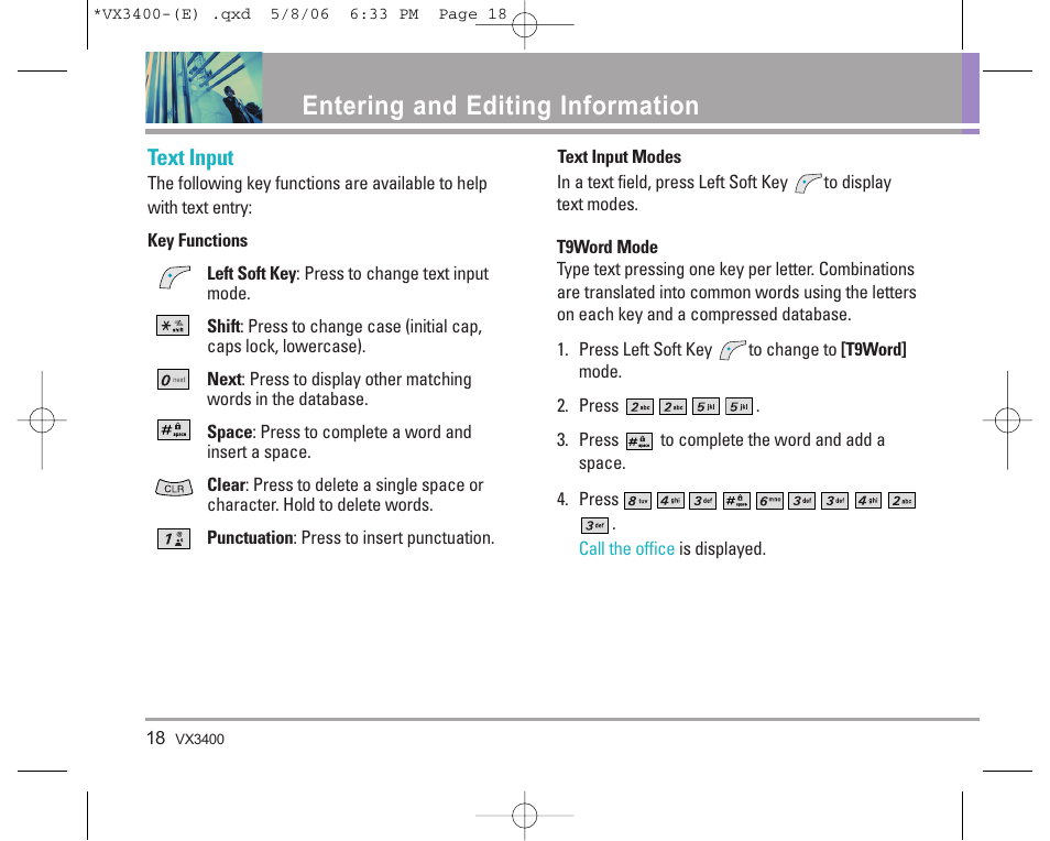 Entering and editing information, Text input | LG VX3400 User Manual | Page 20 / 81