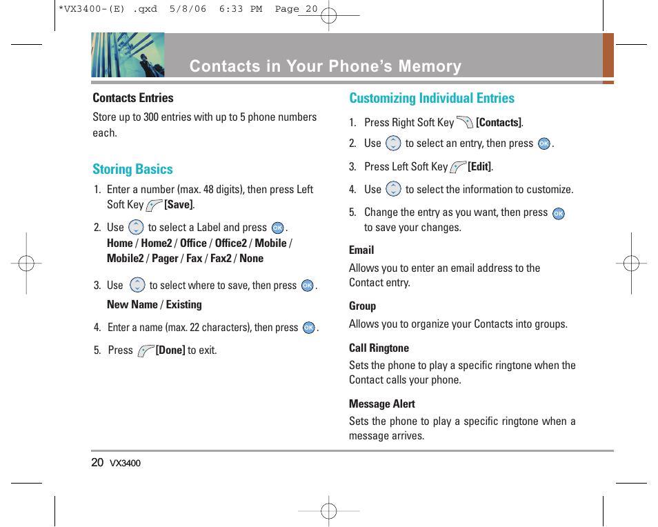 Storing basics, Customizing individual entries | LG VX3400 User Manual | Page 22 / 81