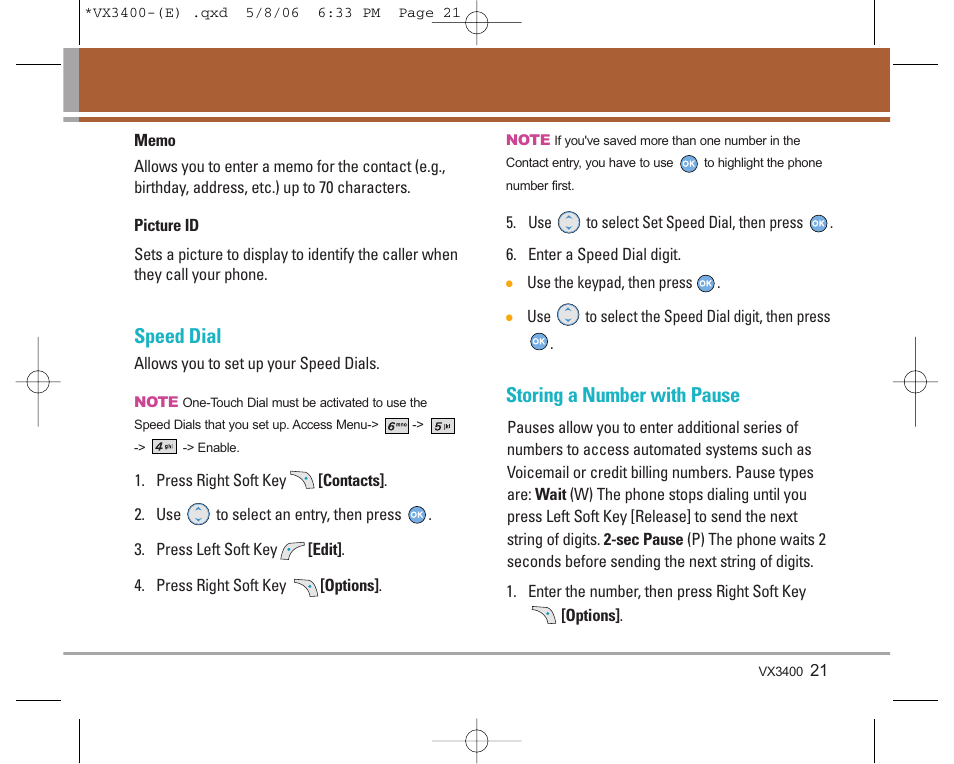 Speed dial, Storing a number with pause | LG VX3400 User Manual | Page 23 / 81