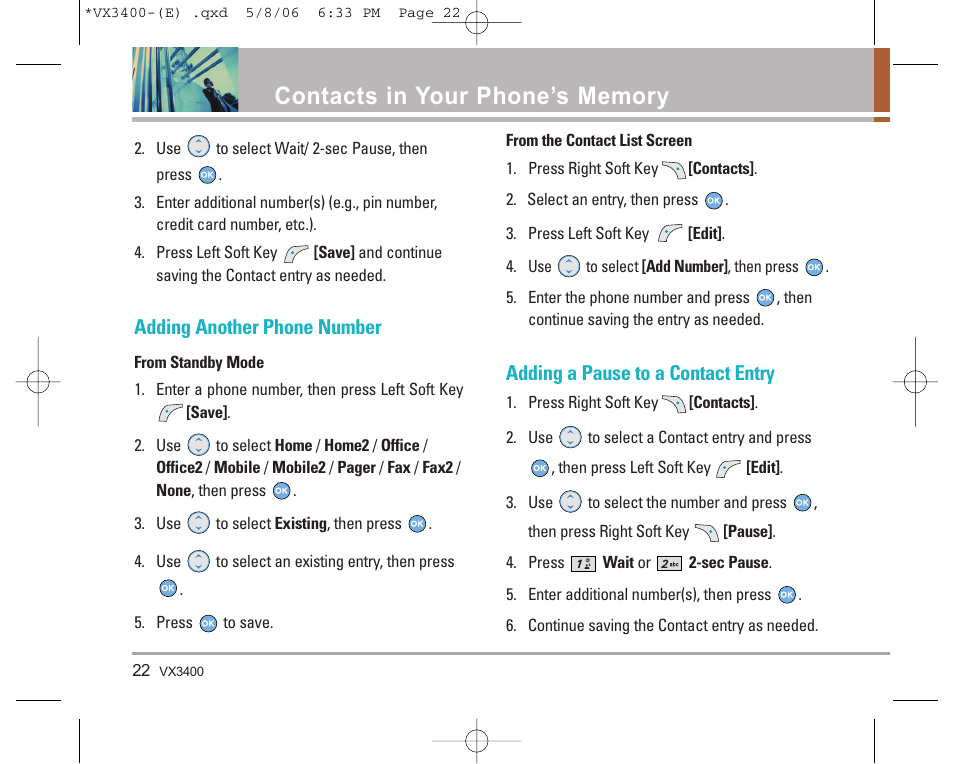 Adding another phone number, Adding a pause to a contact entry | LG VX3400 User Manual | Page 24 / 81