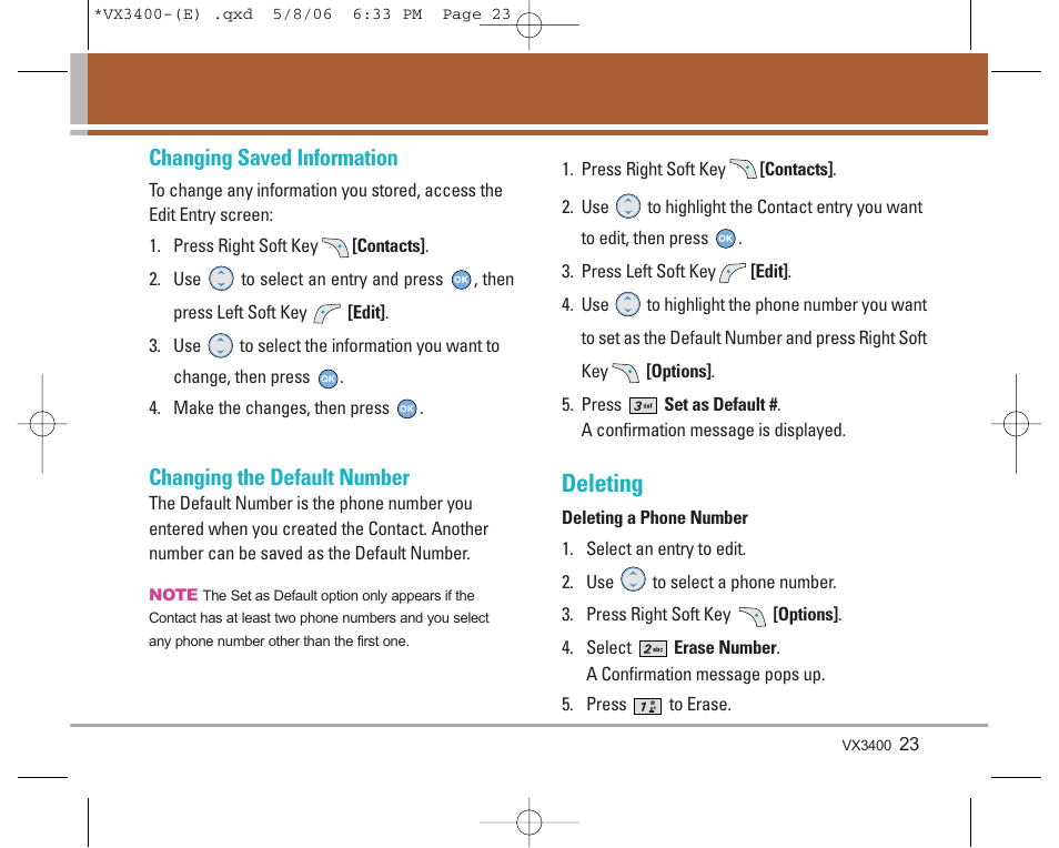 Deleting, Changing saved information, Changing the default number | LG VX3400 User Manual | Page 25 / 81