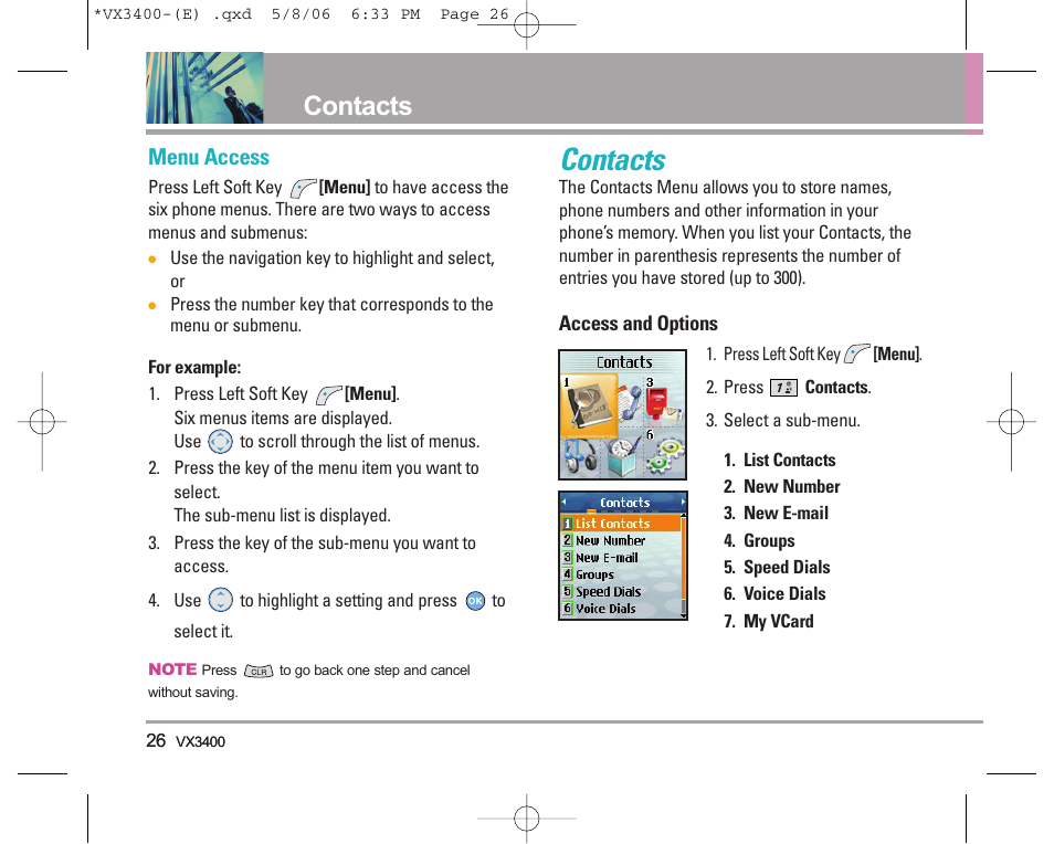 Contacts, Menu access | LG VX3400 User Manual | Page 28 / 81