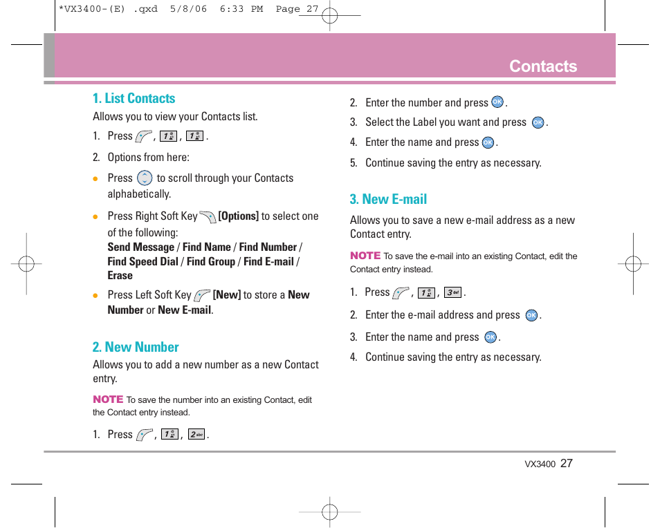 Contacts, List contacts, New number | New e-mail | LG VX3400 User Manual | Page 29 / 81