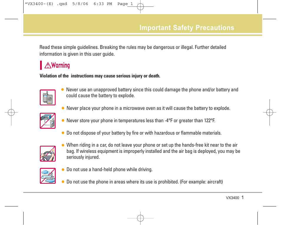 Warning, Important safety precautions | LG VX3400 User Manual | Page 3 / 81