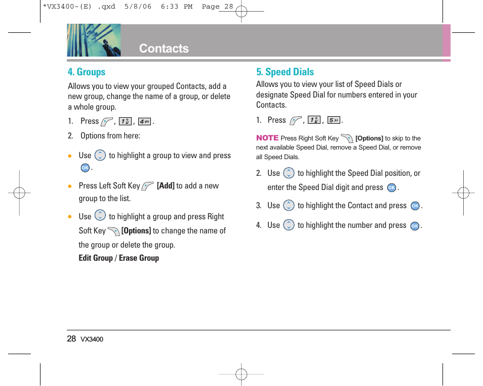 Contacts, Groups, Speed dials | LG VX3400 User Manual | Page 30 / 81