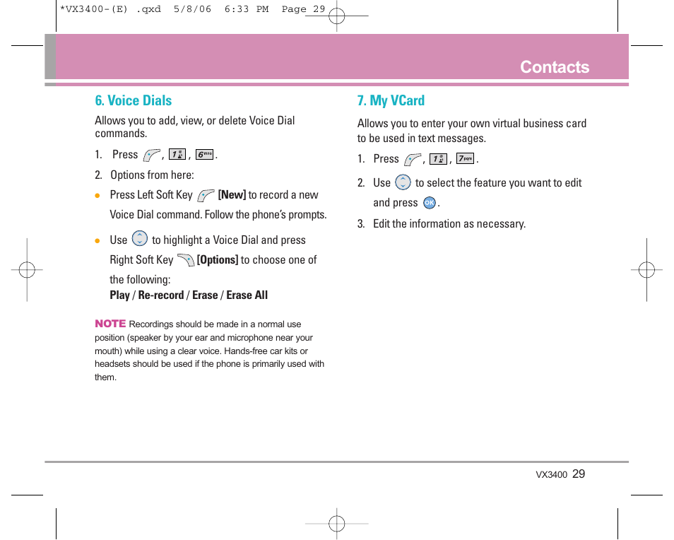 Contacts, Voice dials, My vcard | LG VX3400 User Manual | Page 31 / 81