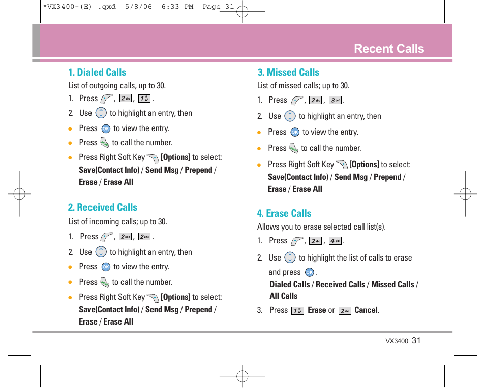 Recent calls, Dialed calls, Received calls | Missed calls, Erase calls | LG VX3400 User Manual | Page 33 / 81