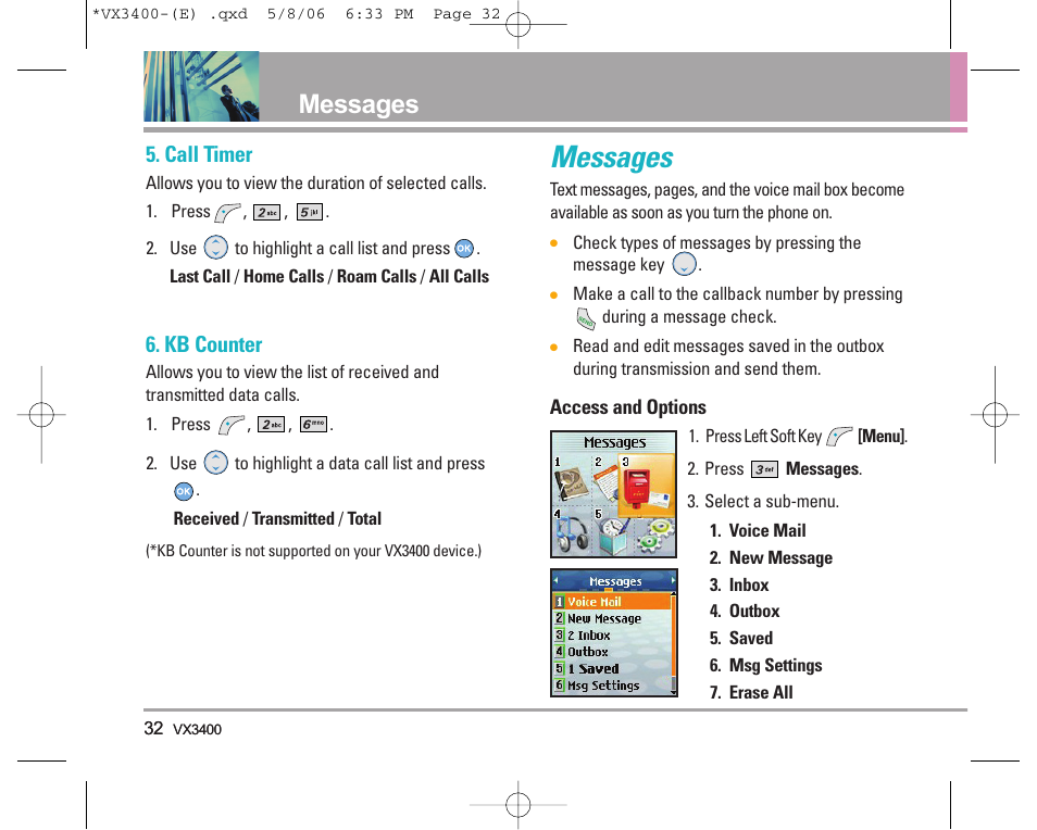 Messages, Call timer, Kb counter | LG VX3400 User Manual | Page 34 / 81