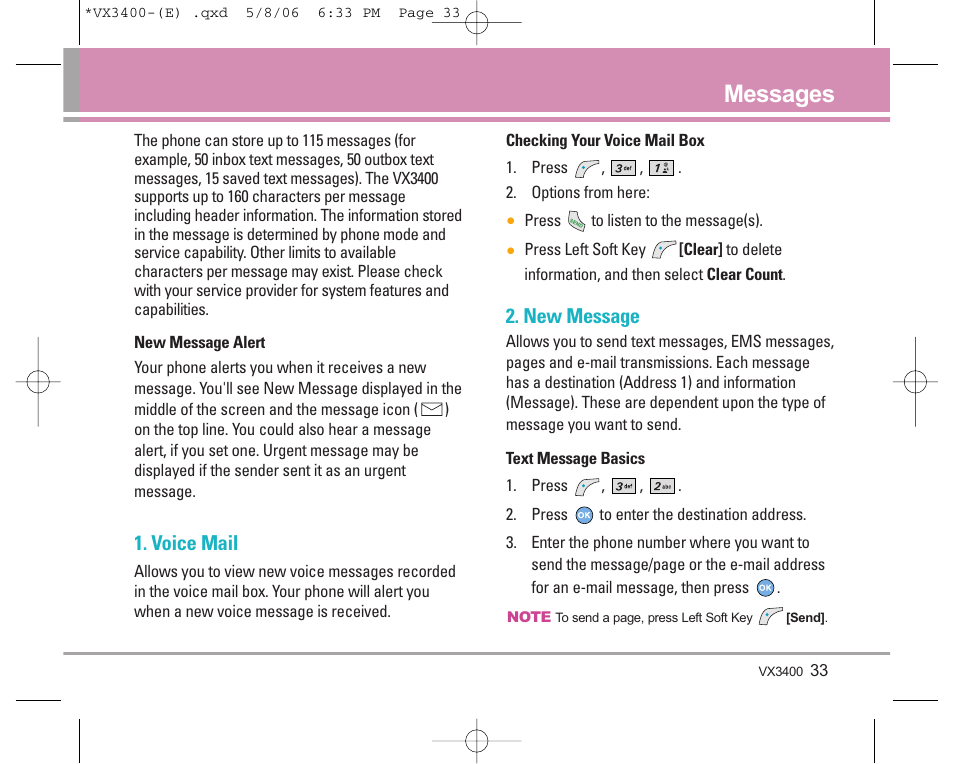 Messages, Voice mail, New message | LG VX3400 User Manual | Page 35 / 81