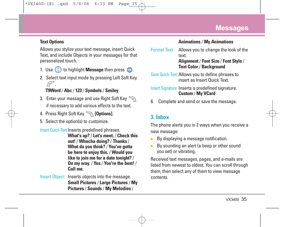 Messages, Inbox | LG VX3400 User Manual | Page 37 / 81