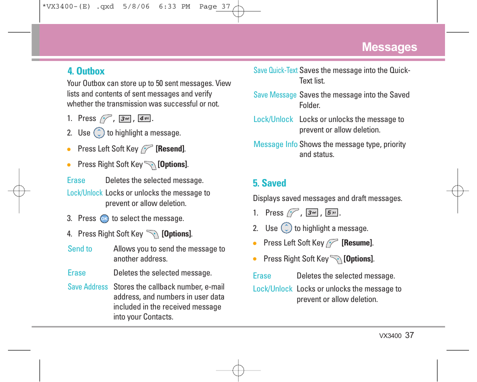 Messages, Outbox, Saved | LG VX3400 User Manual | Page 39 / 81