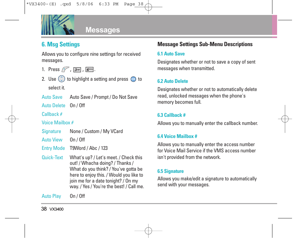 Messages, Msg settings | LG VX3400 User Manual | Page 40 / 81