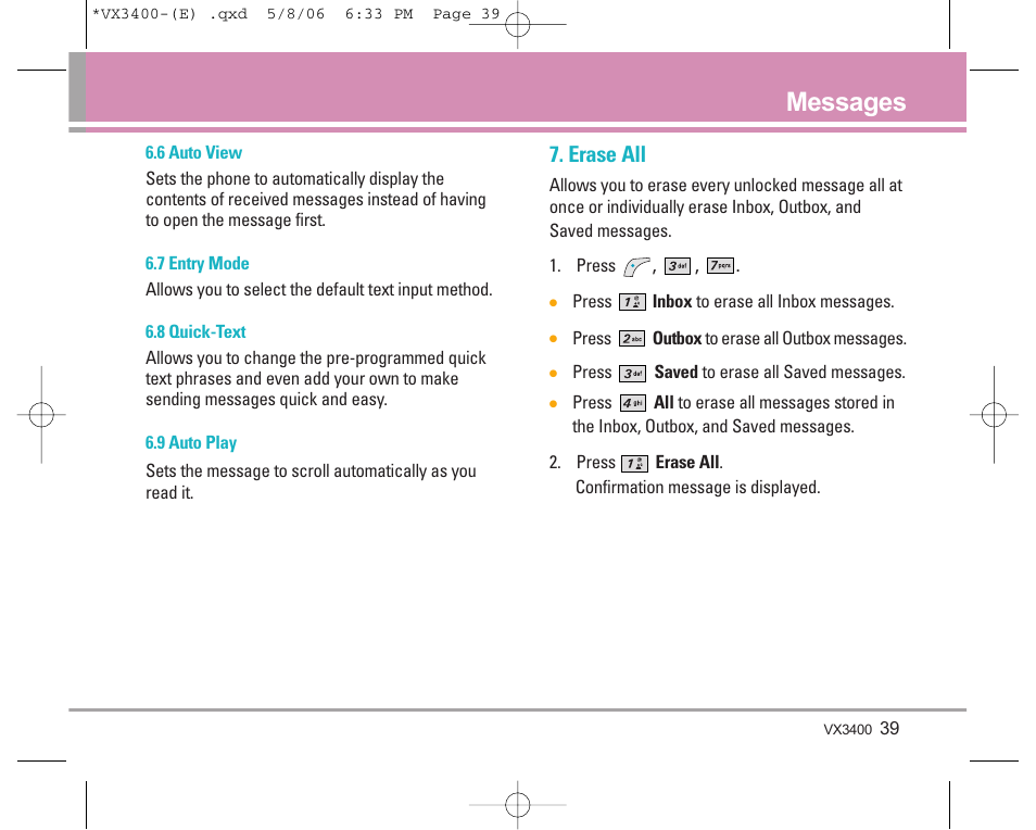 Messages, Erase all | LG VX3400 User Manual | Page 41 / 81