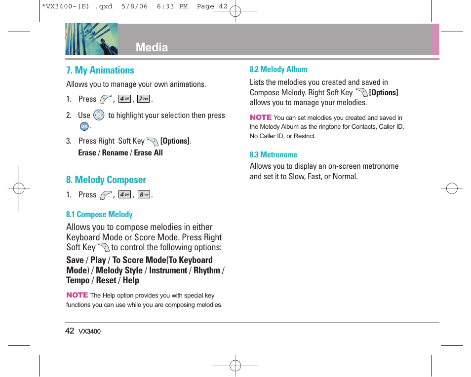 Media, My animations, Melody composer | LG VX3400 User Manual | Page 44 / 81