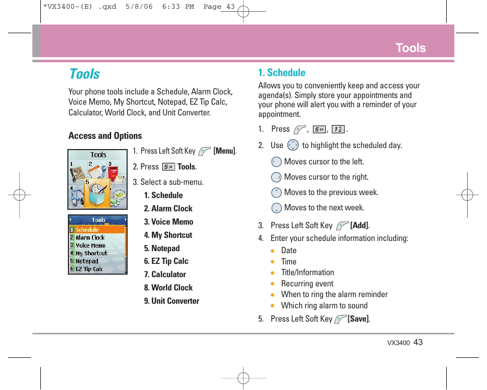 Tools, Schedule | LG VX3400 User Manual | Page 45 / 81