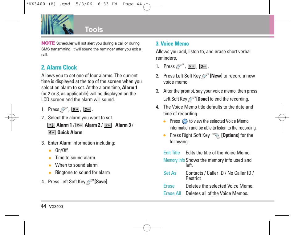 Tools, Alarm clock | LG VX3400 User Manual | Page 46 / 81