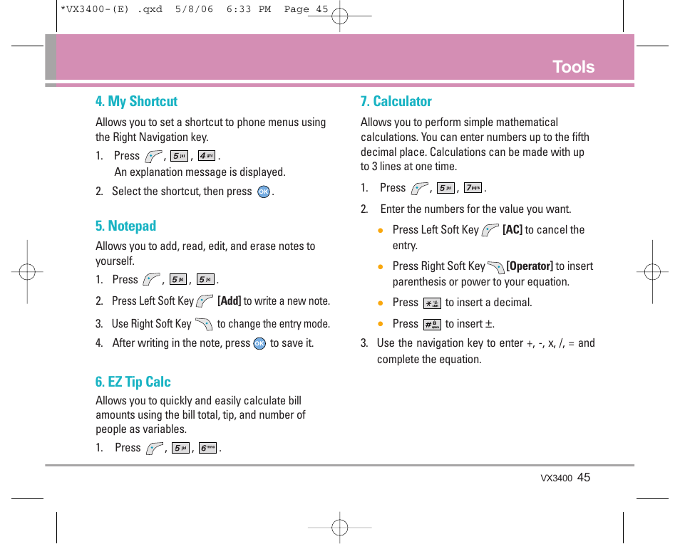 Tools, My shortcut, Ez tip calc | Calculator | LG VX3400 User Manual | Page 47 / 81