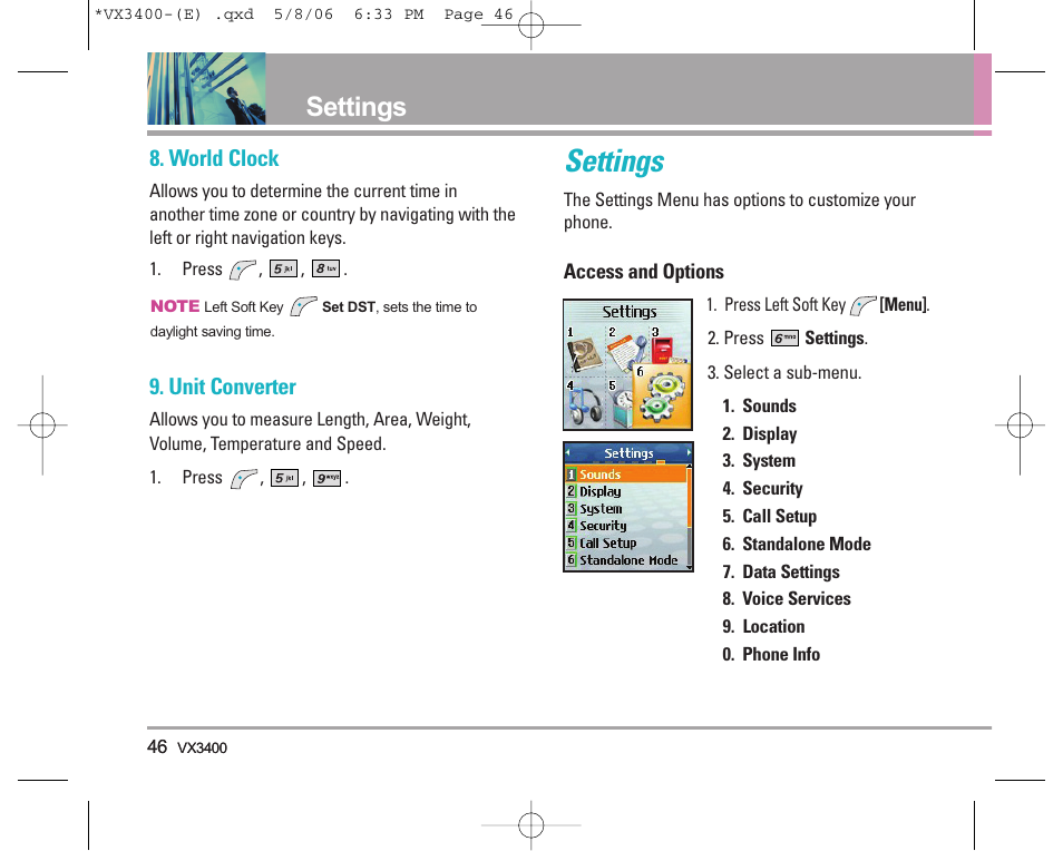 Settings, World clock, Unit converter | LG VX3400 User Manual | Page 48 / 81