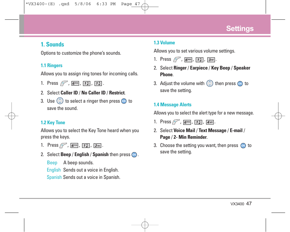 Settings, Sounds | LG VX3400 User Manual | Page 49 / 81