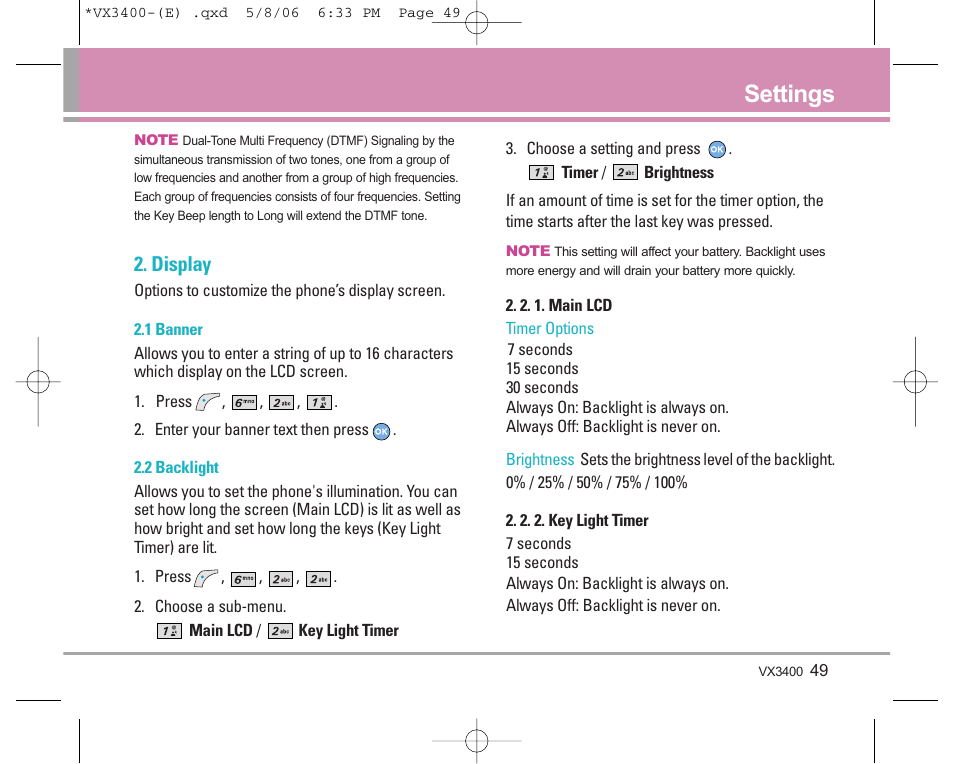 Settings, Display | LG VX3400 User Manual | Page 51 / 81