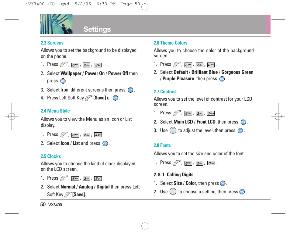 Settings | LG VX3400 User Manual | Page 52 / 81