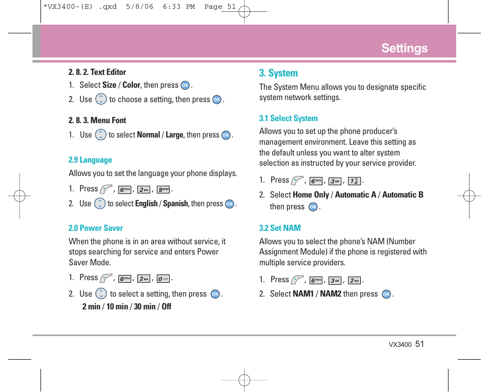 Settings, System | LG VX3400 User Manual | Page 53 / 81