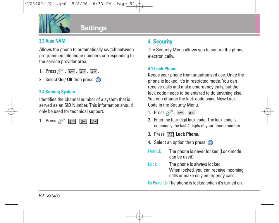 Settings, Security | LG VX3400 User Manual | Page 54 / 81