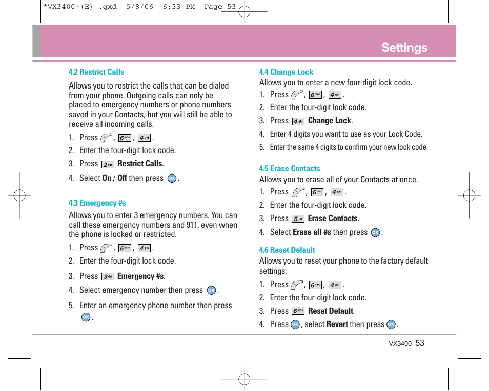 Settings | LG VX3400 User Manual | Page 55 / 81