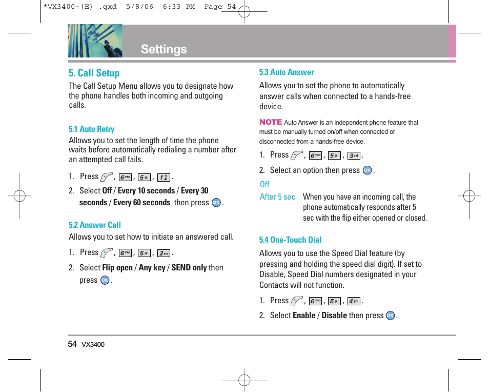 Settings, Call setup | LG VX3400 User Manual | Page 56 / 81