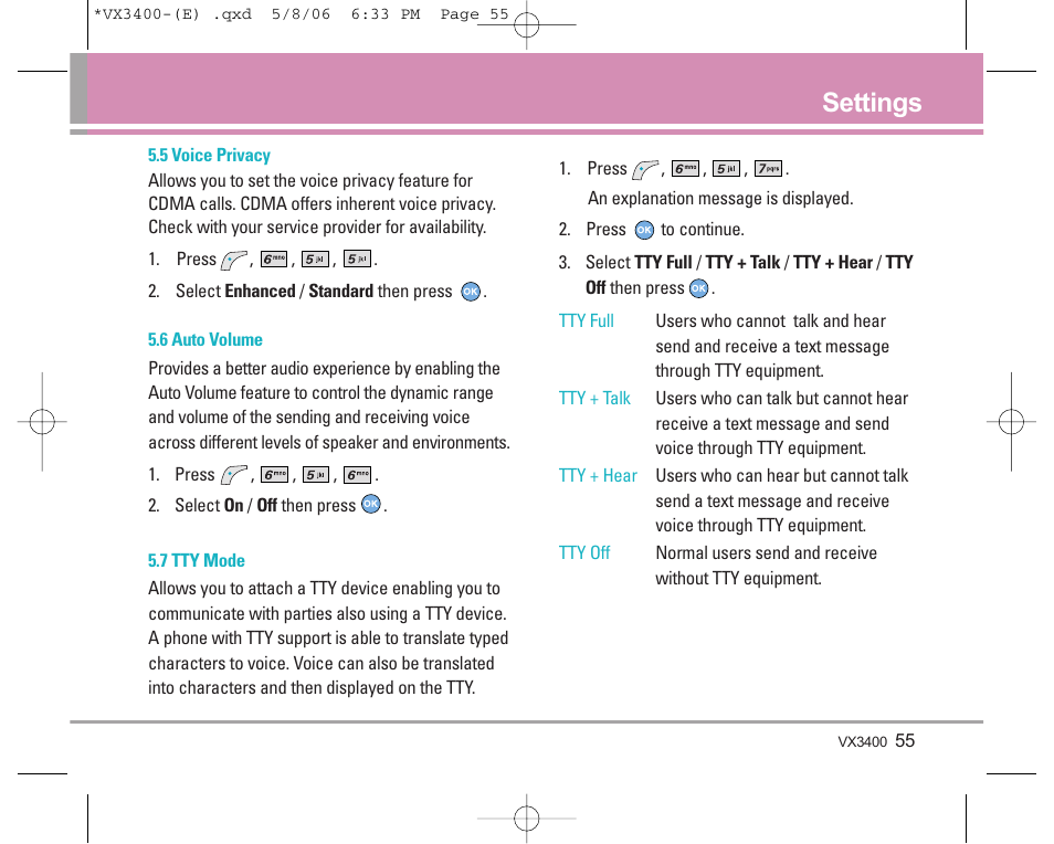 Settings | LG VX3400 User Manual | Page 57 / 81