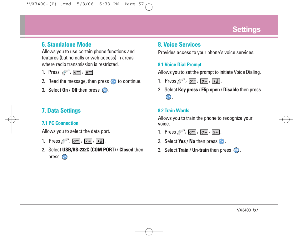 Settings, Standalone mode, Data settings | Voice services | LG VX3400 User Manual | Page 59 / 81