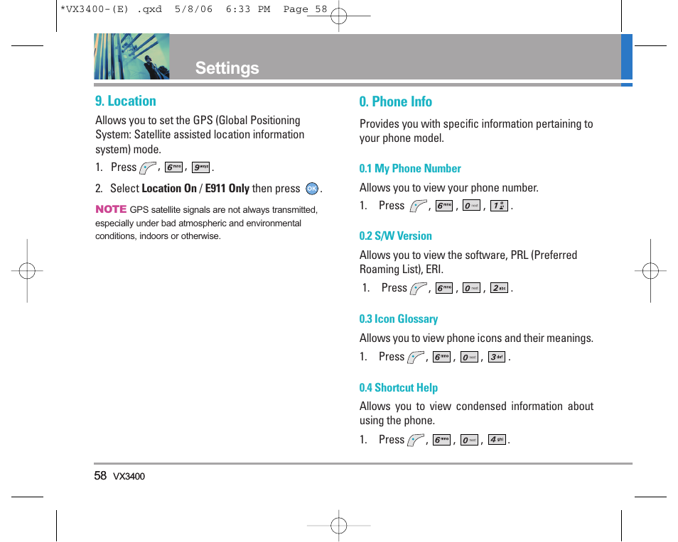 Settings, Location, Phone info | LG VX3400 User Manual | Page 60 / 81