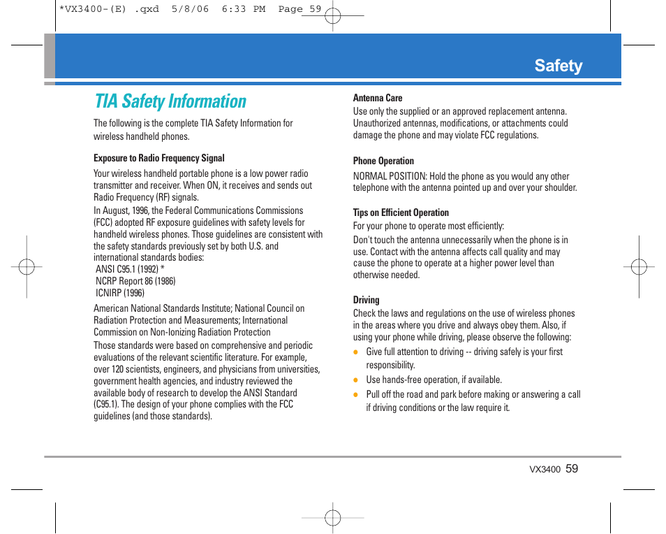 Tia safety information, Safety | LG VX3400 User Manual | Page 61 / 81