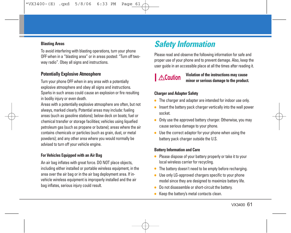 Safety information, Caution | LG VX3400 User Manual | Page 63 / 81