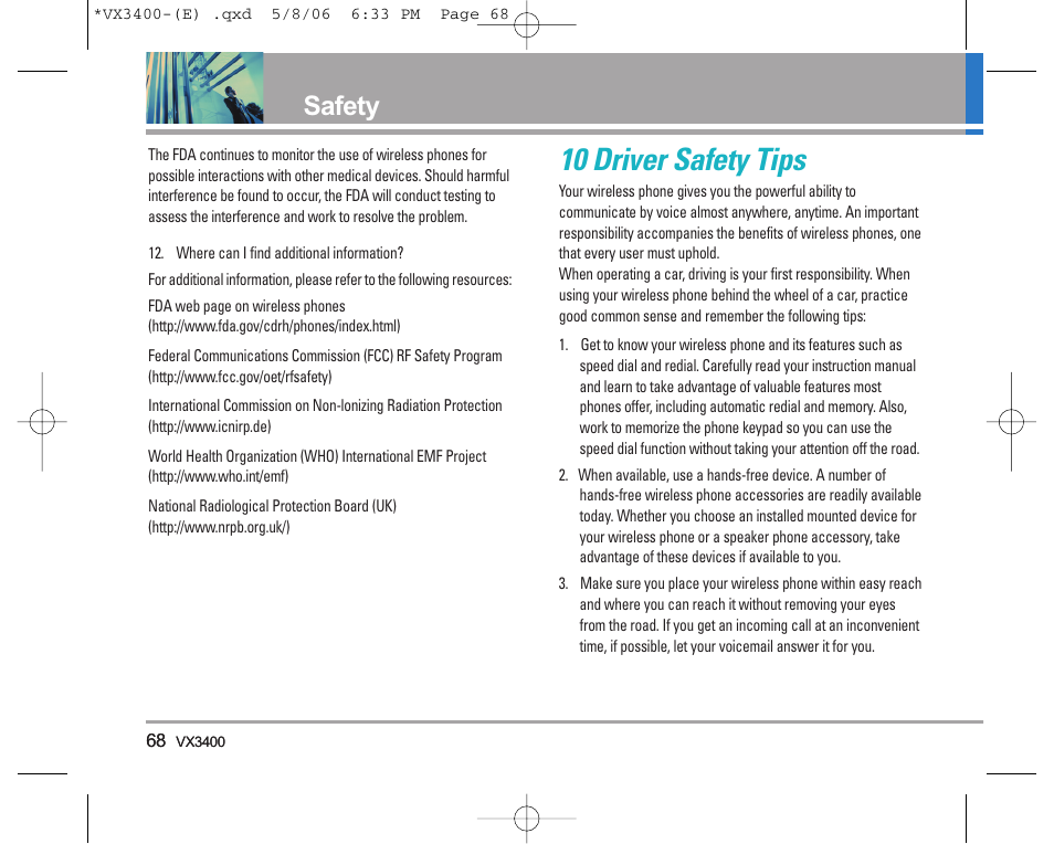 10 driver safety tips, Safety | LG VX3400 User Manual | Page 70 / 81