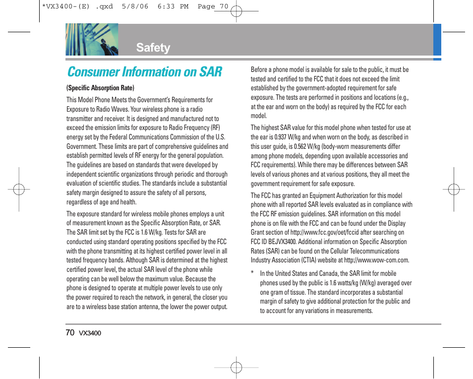 Consumer information on sar, Safety | LG VX3400 User Manual | Page 72 / 81