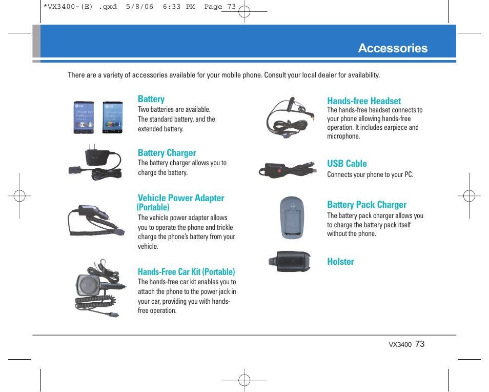 Accessories | LG VX3400 User Manual | Page 75 / 81