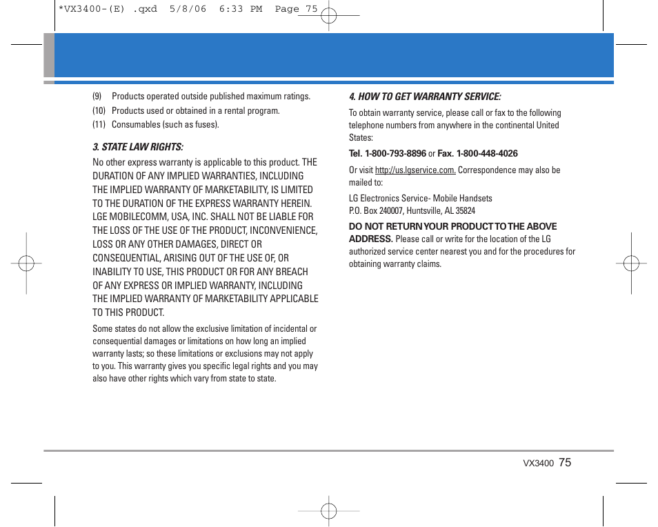 LG VX3400 User Manual | Page 77 / 81